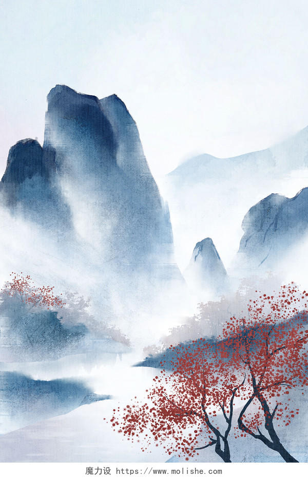 古风唯美大气山水天空中国风水墨画展板背景插画素材水彩风景